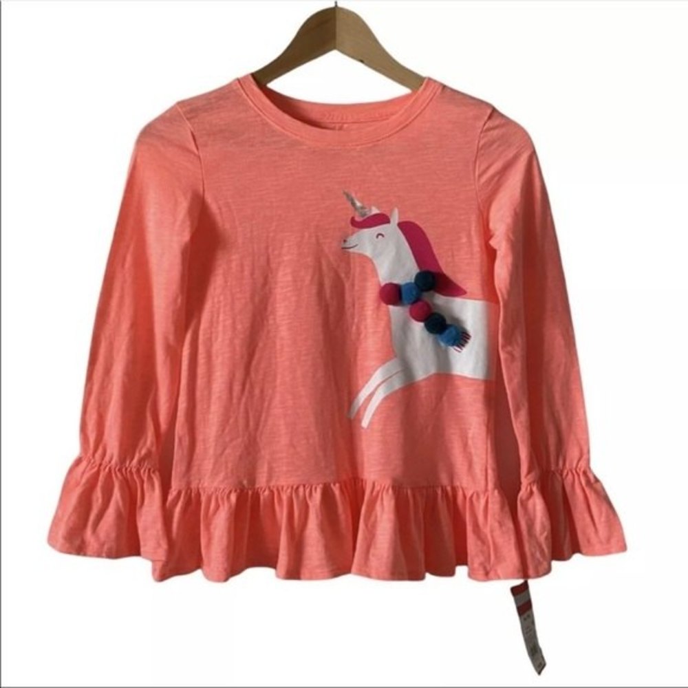 CAT & JACK Sz M 7/8 Orange Unicorn Peplum Long Sleeve Blouse Pompom